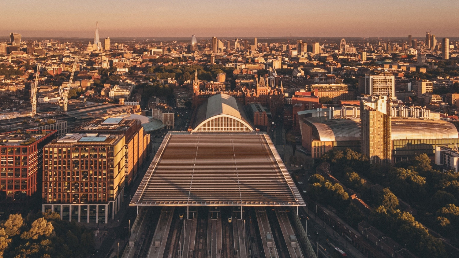Exterior of London St Pancras station at sunset, highlighting the setting for Mott MacDonald’s Sustainable Asset Management Framework collaboration