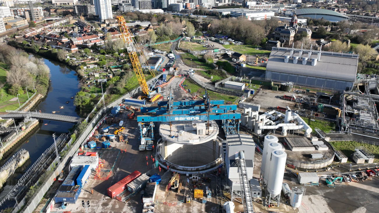 Aerial view of Thames Tideway tunnel under construction.