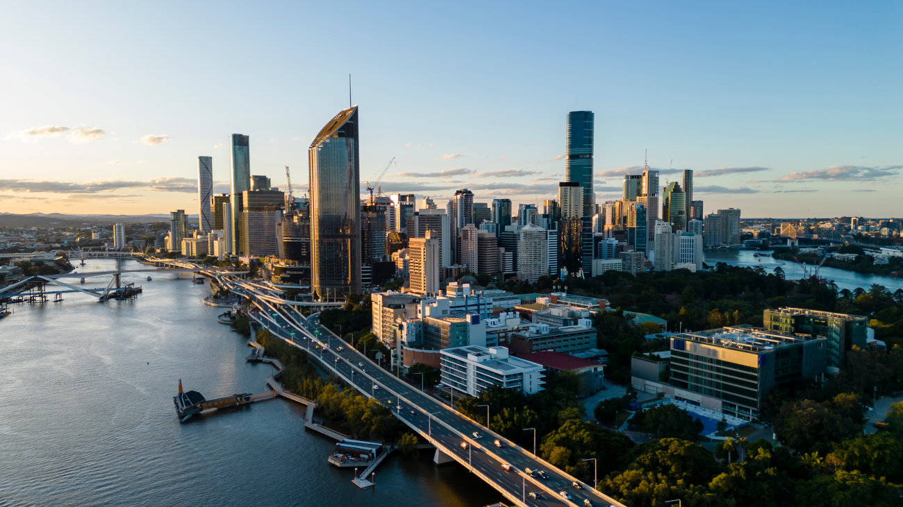Aerial view of Brisbane at sunset.