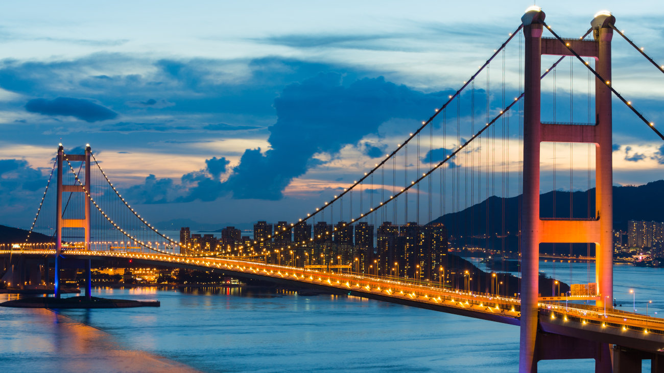 Tsing Ma Bridge at night, Hong Kong.