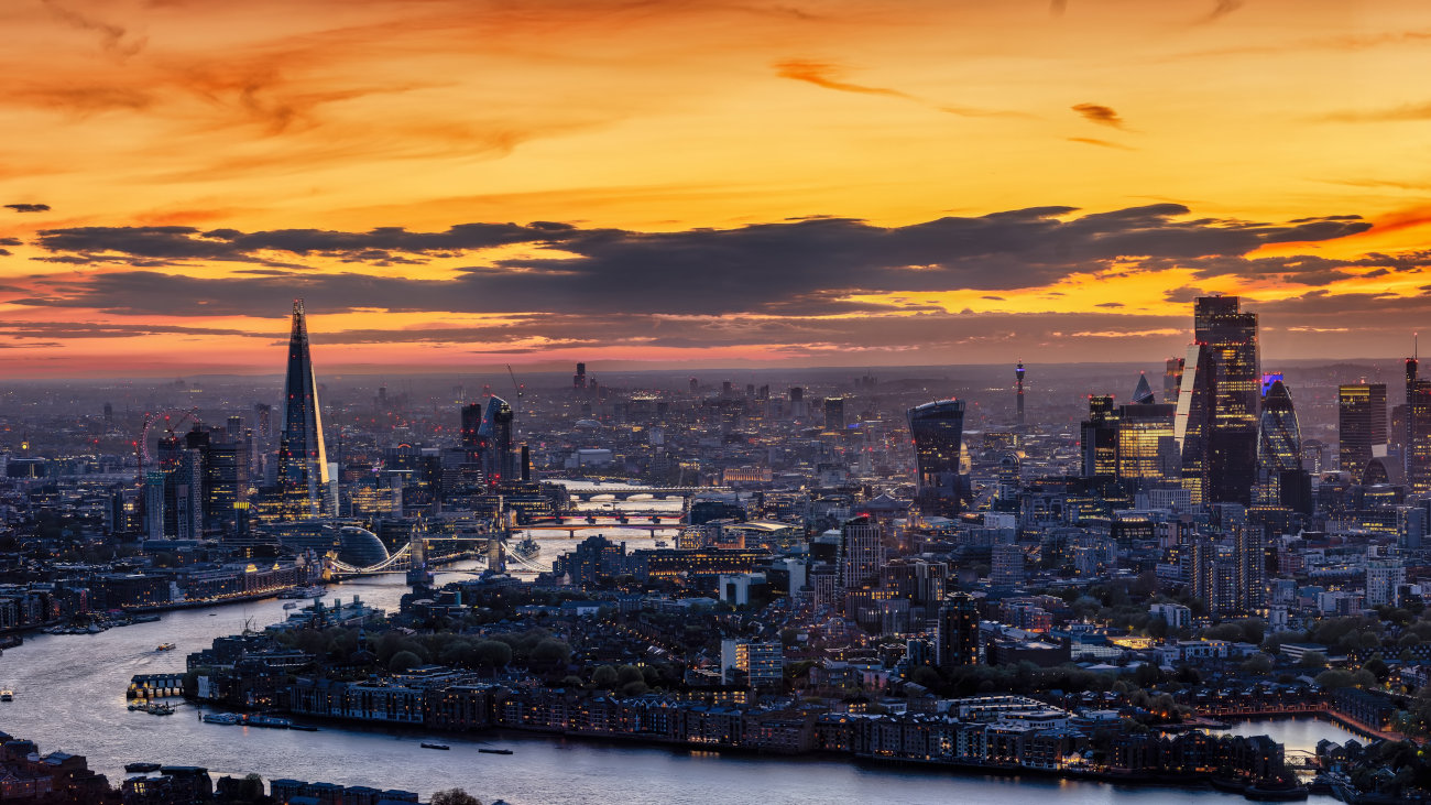 London skyline at sunset.