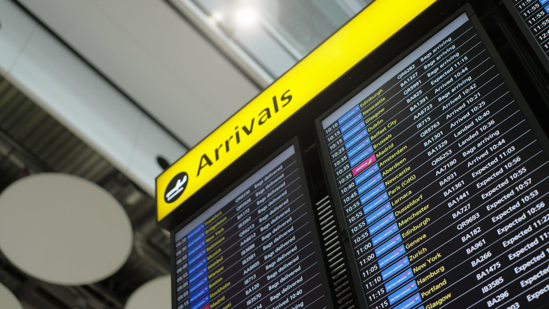 An arrivals board at Heathrow airport.