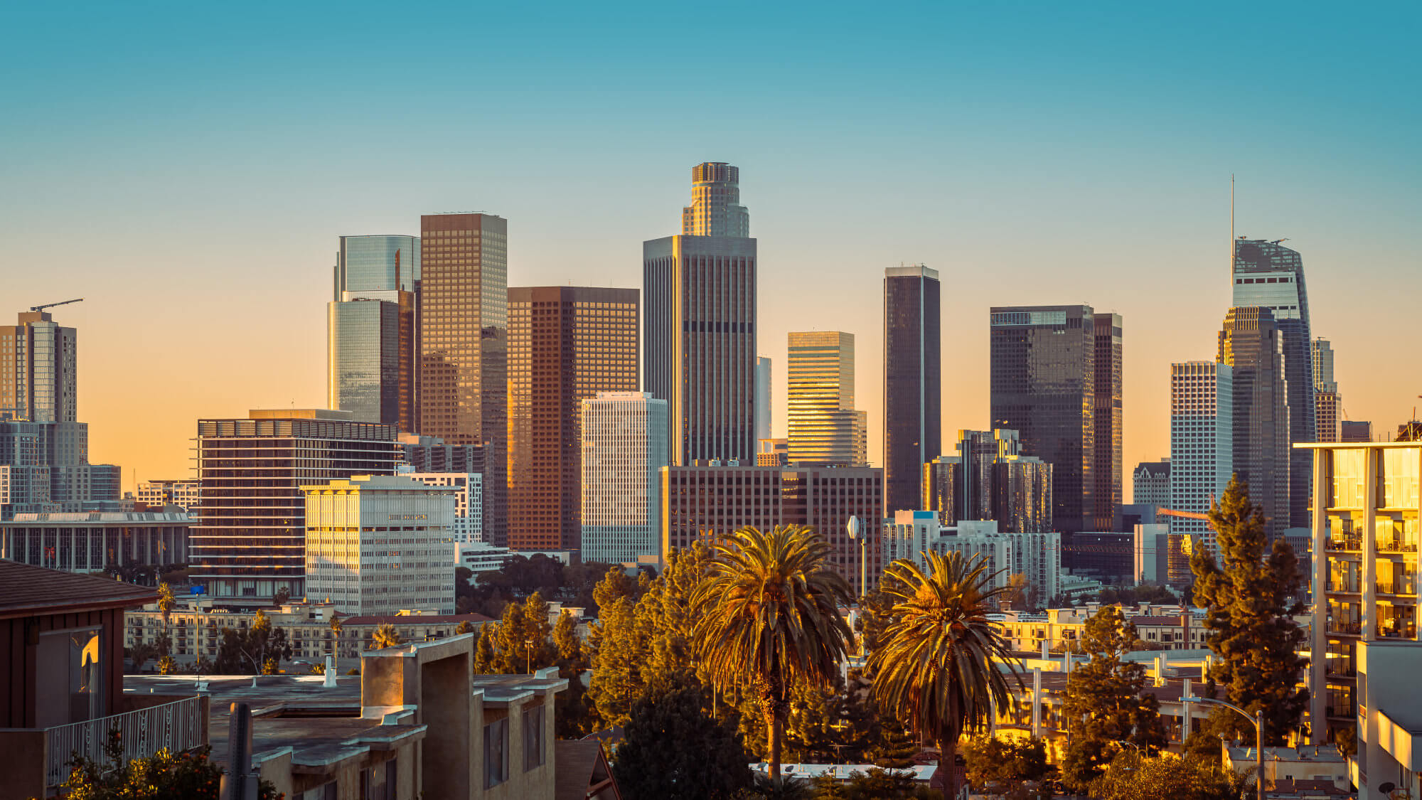 View of the LA city skyline in the late afternoon.