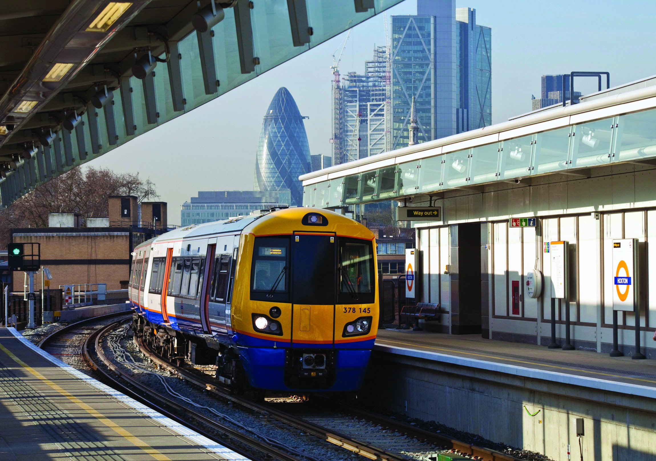 A London Overground train at Hoxton station, London.