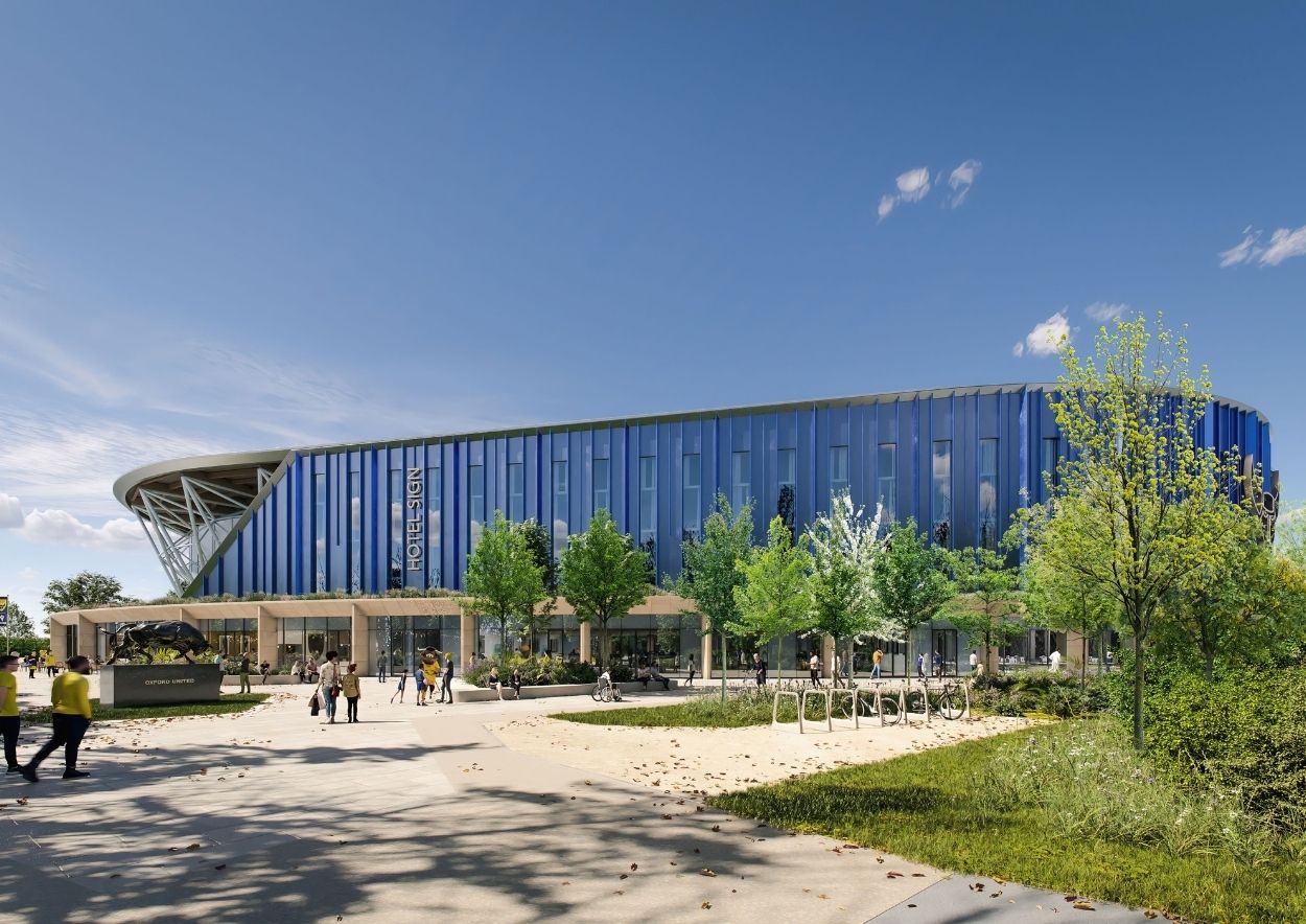 Artistic impression of Oxford United's new stadium showing the North Stand and commercial plinth from the northwest, designed with engineering support from Mott MacDonald (2023)