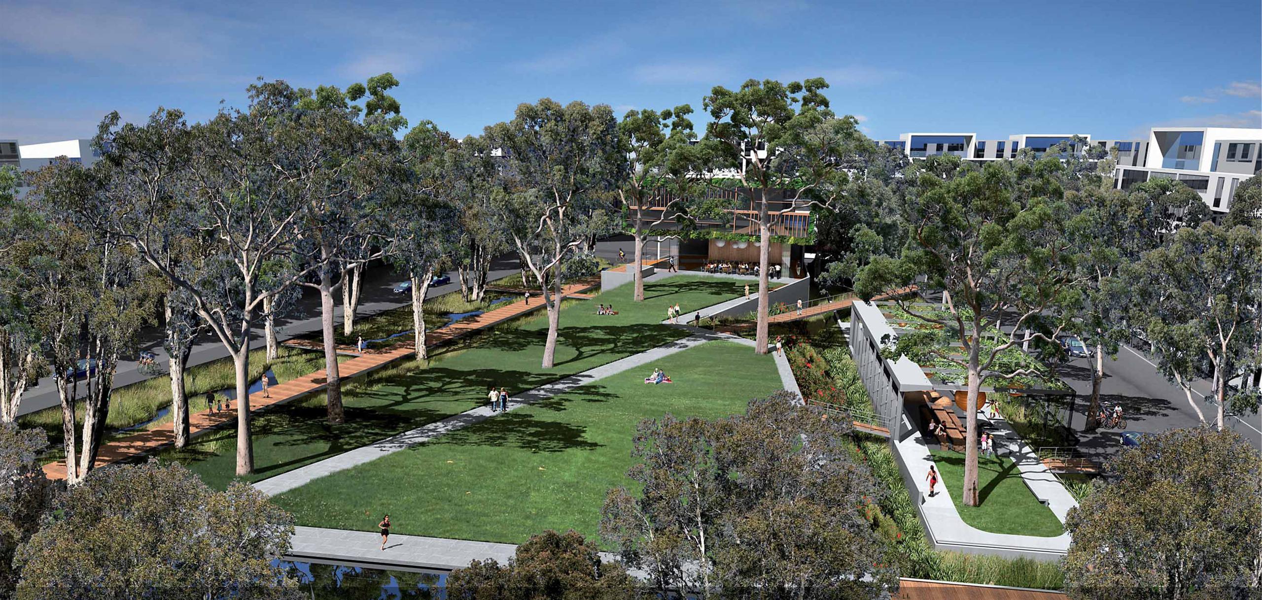 People relaxing in a green urban park on a sunny day.