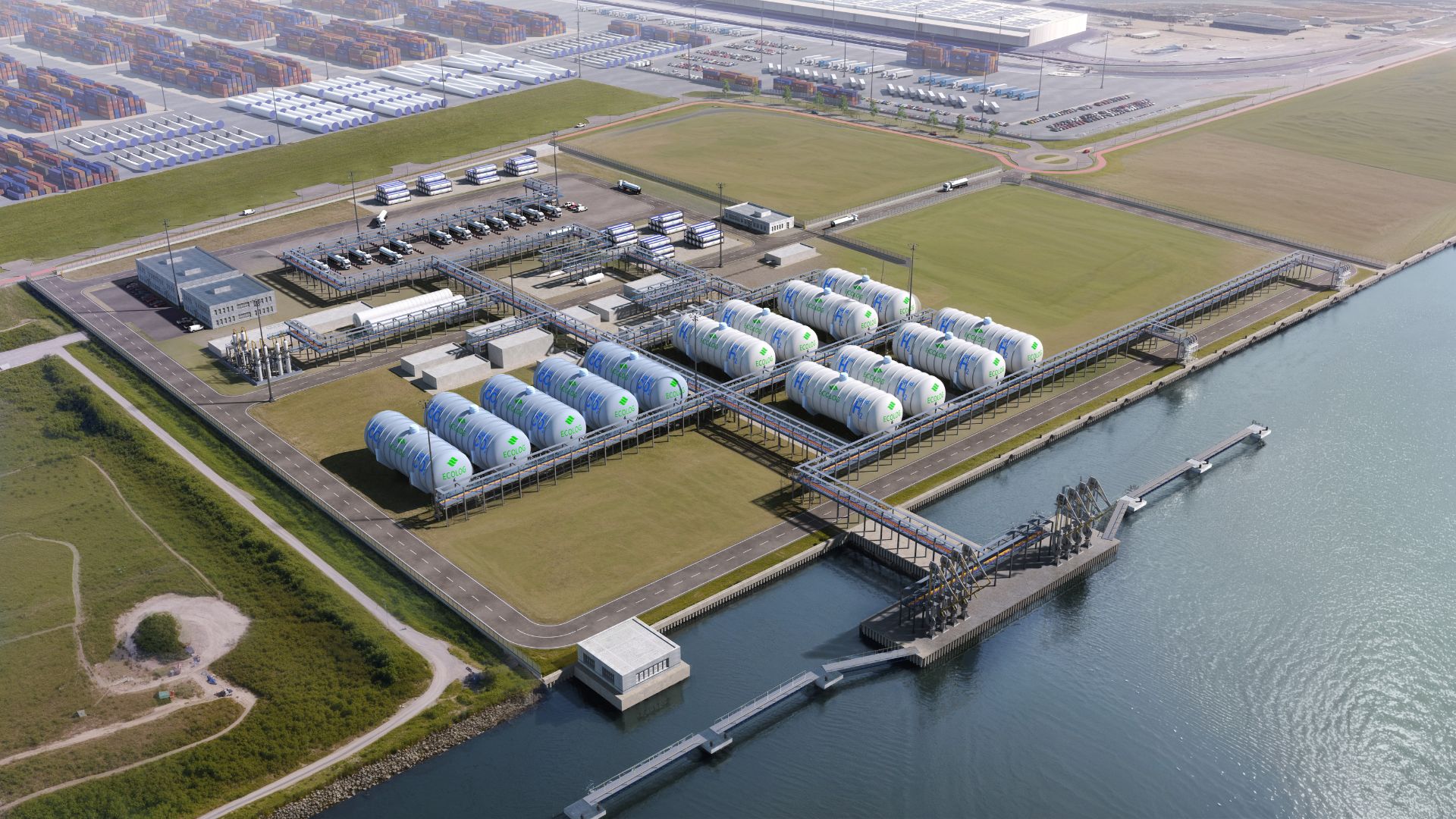 Aerial view of the planned EcoLog Terminal Amsterdam showing rows of large cylindrical storage tanks, pipelines, support buildings and jetties along the waterfront, representing the commercial‑scale liquid hydrogen and liquid CO₂ import and export facility.
