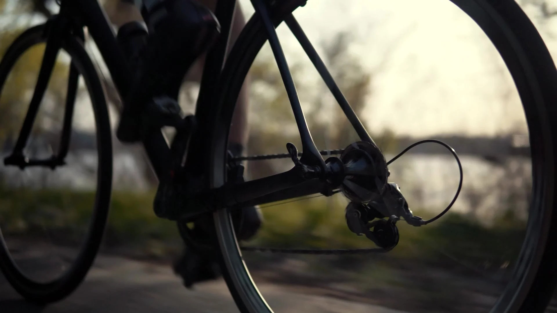 Close up of bicycle wheels.