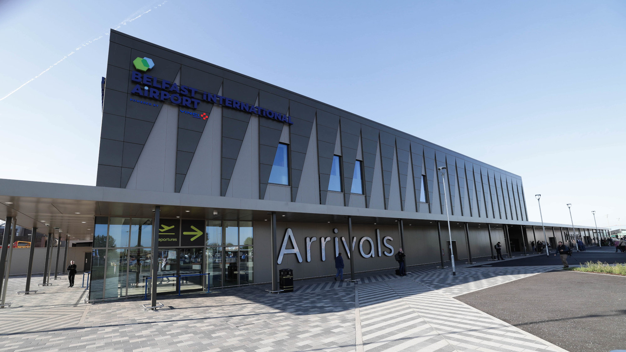 Exterior shot of the Belfast International Airport arrivals building.