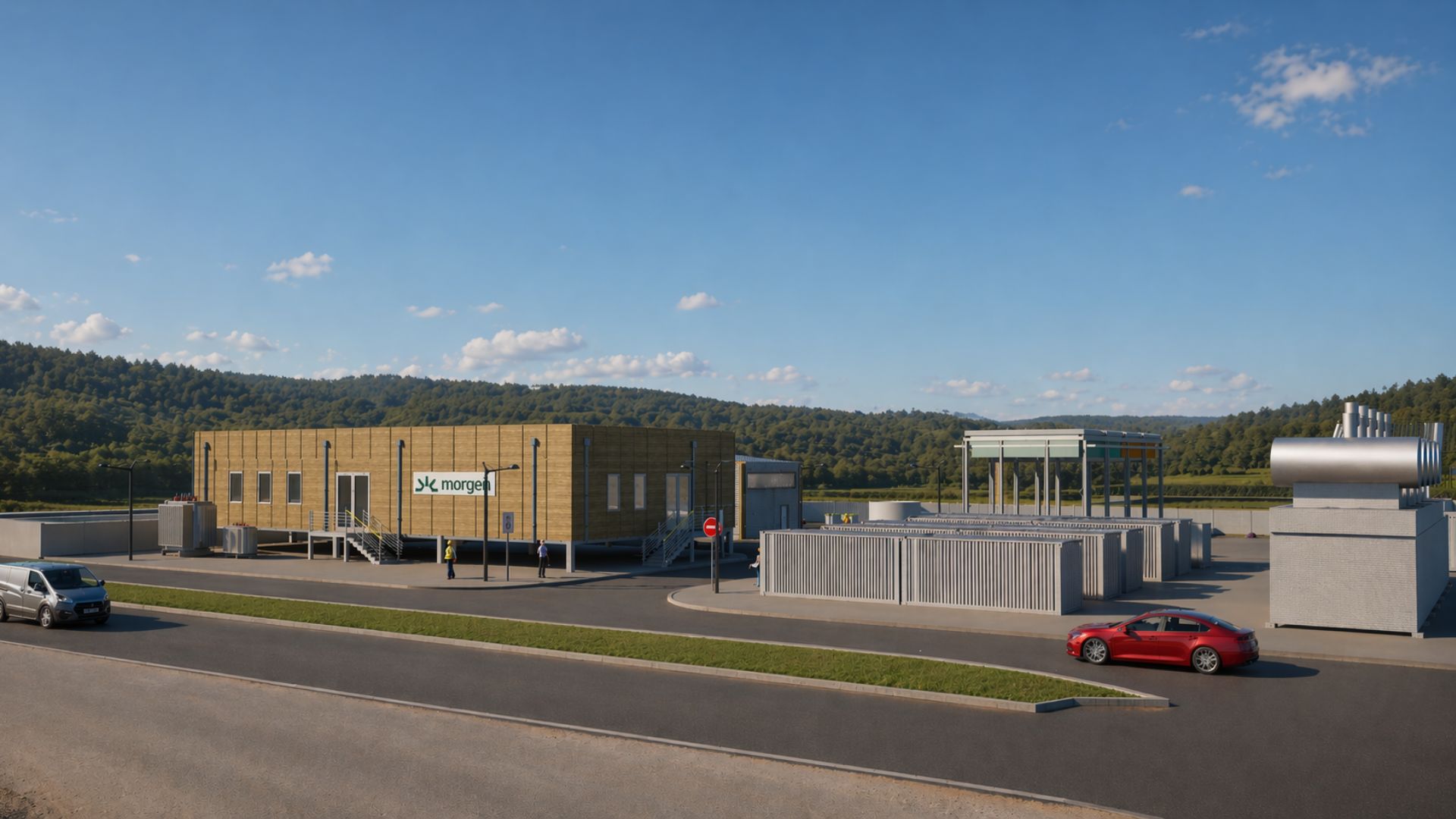 A photo of a modern green hydrogen facility featuring a large wooden-clad building with the 