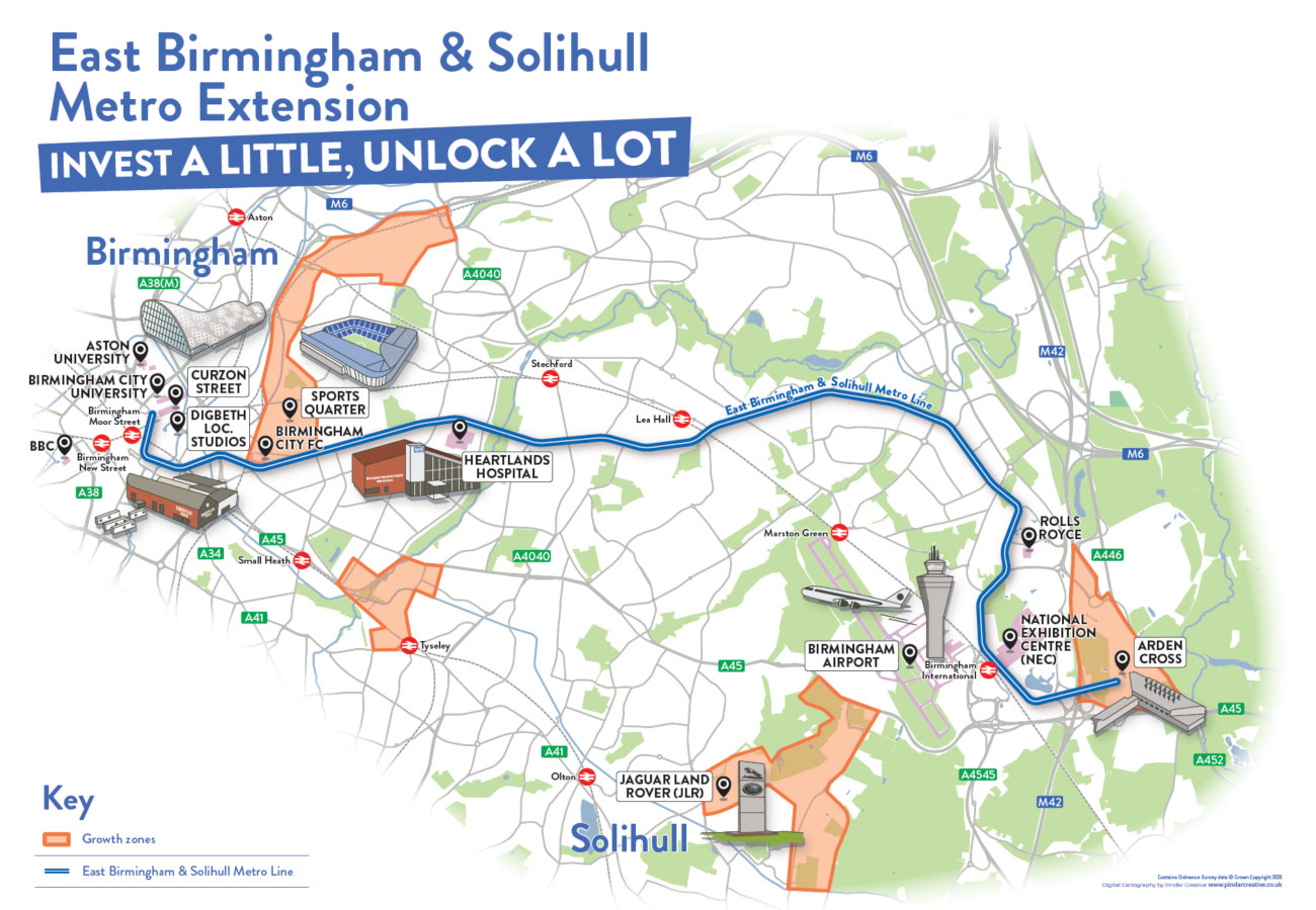 Map of the East Birmingham and Solihull Metro Extension.