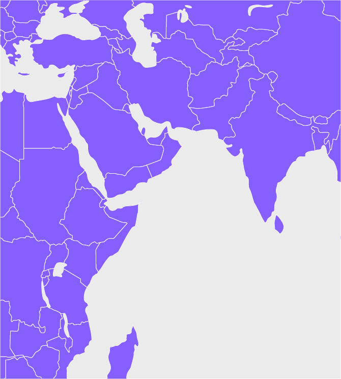 Purple and white map of South Asia/Middle East/Africa.