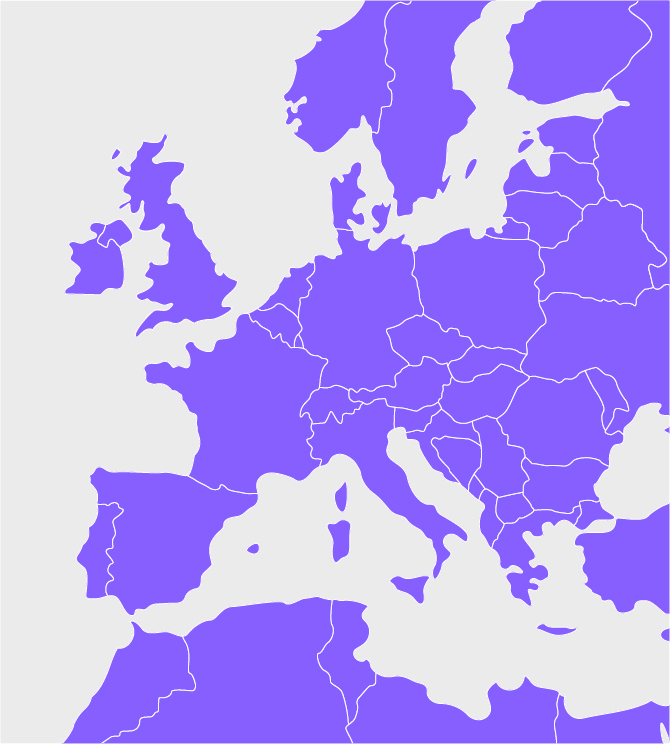 Purple and white map of UK and Europe.