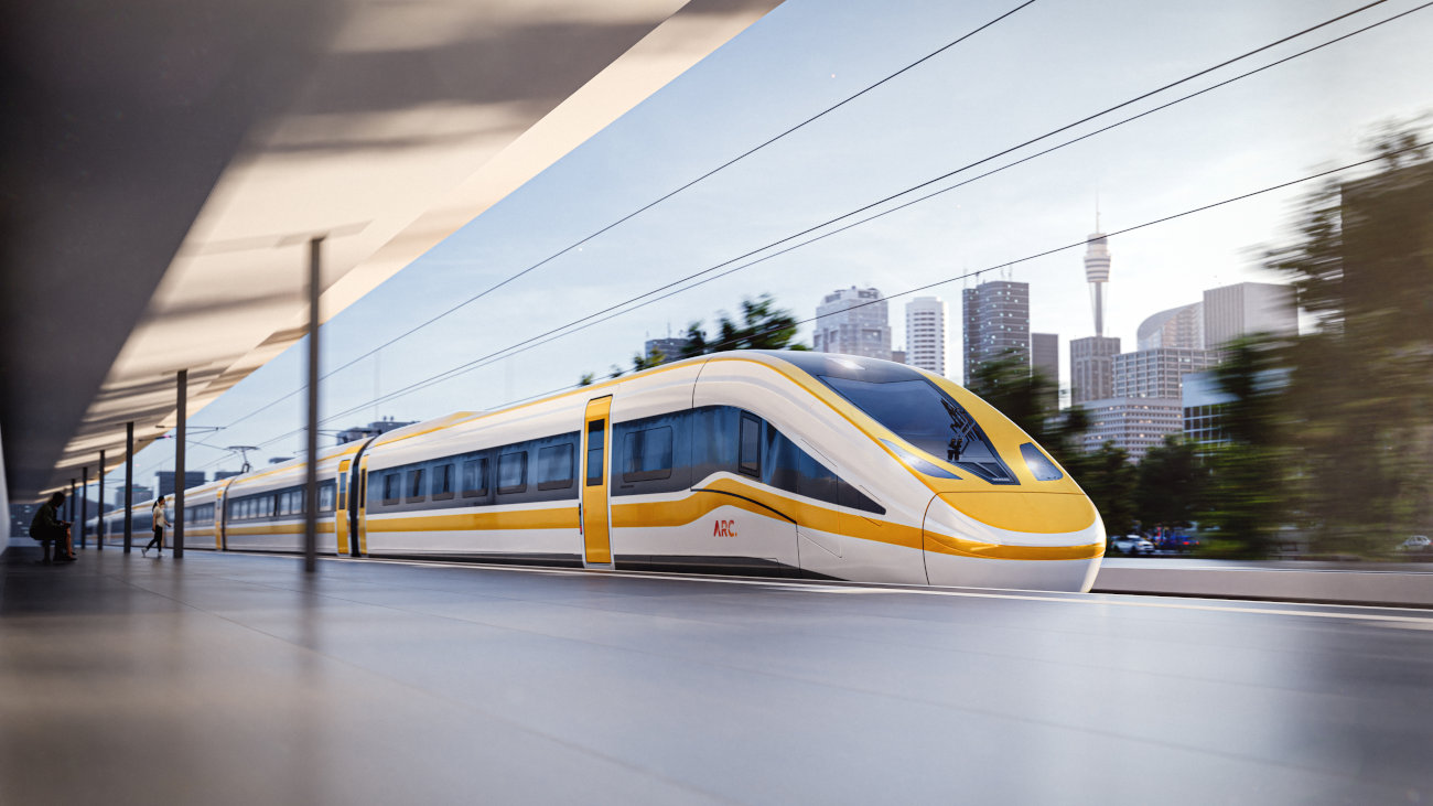 Digital render of a train at a station.