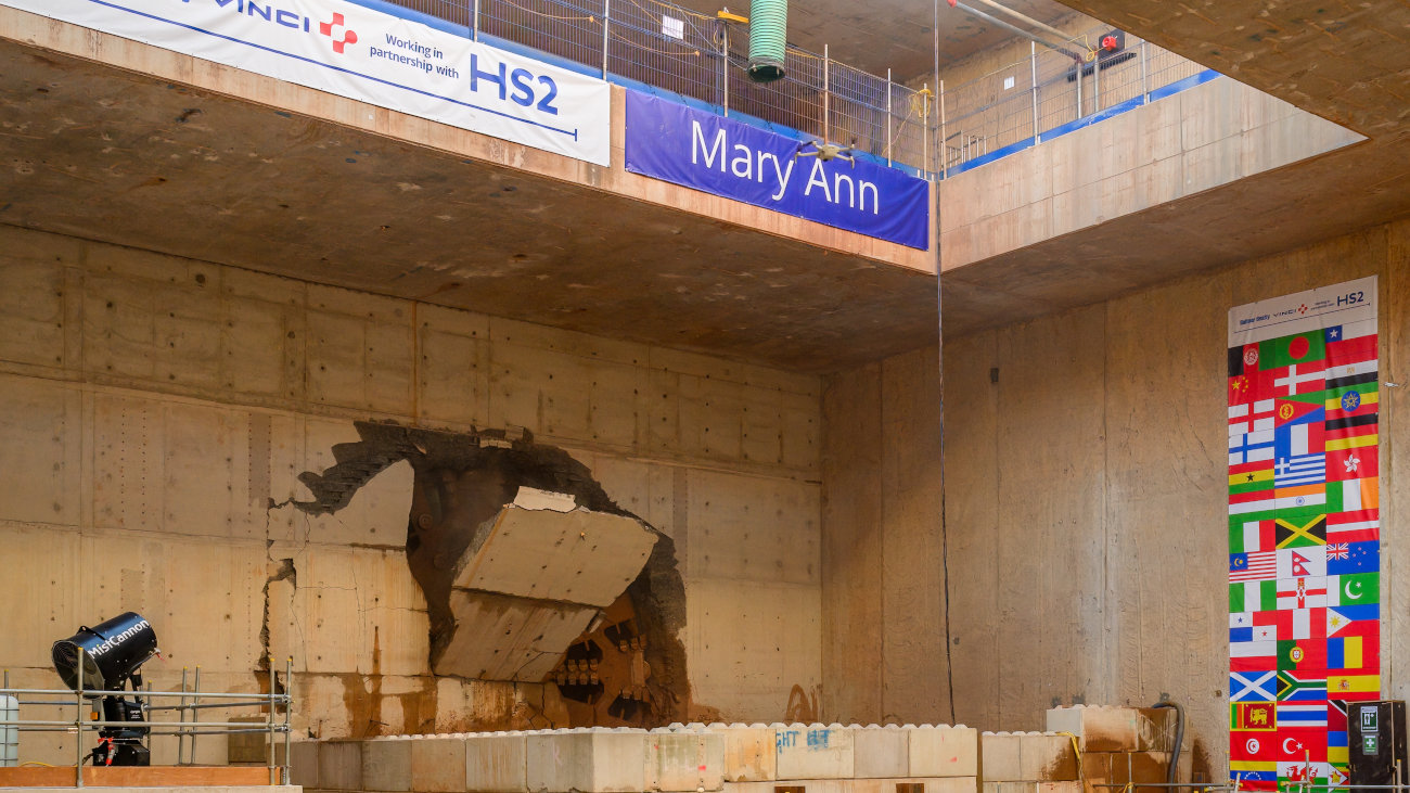 HS2 boring machine breaking through in Birmingham.