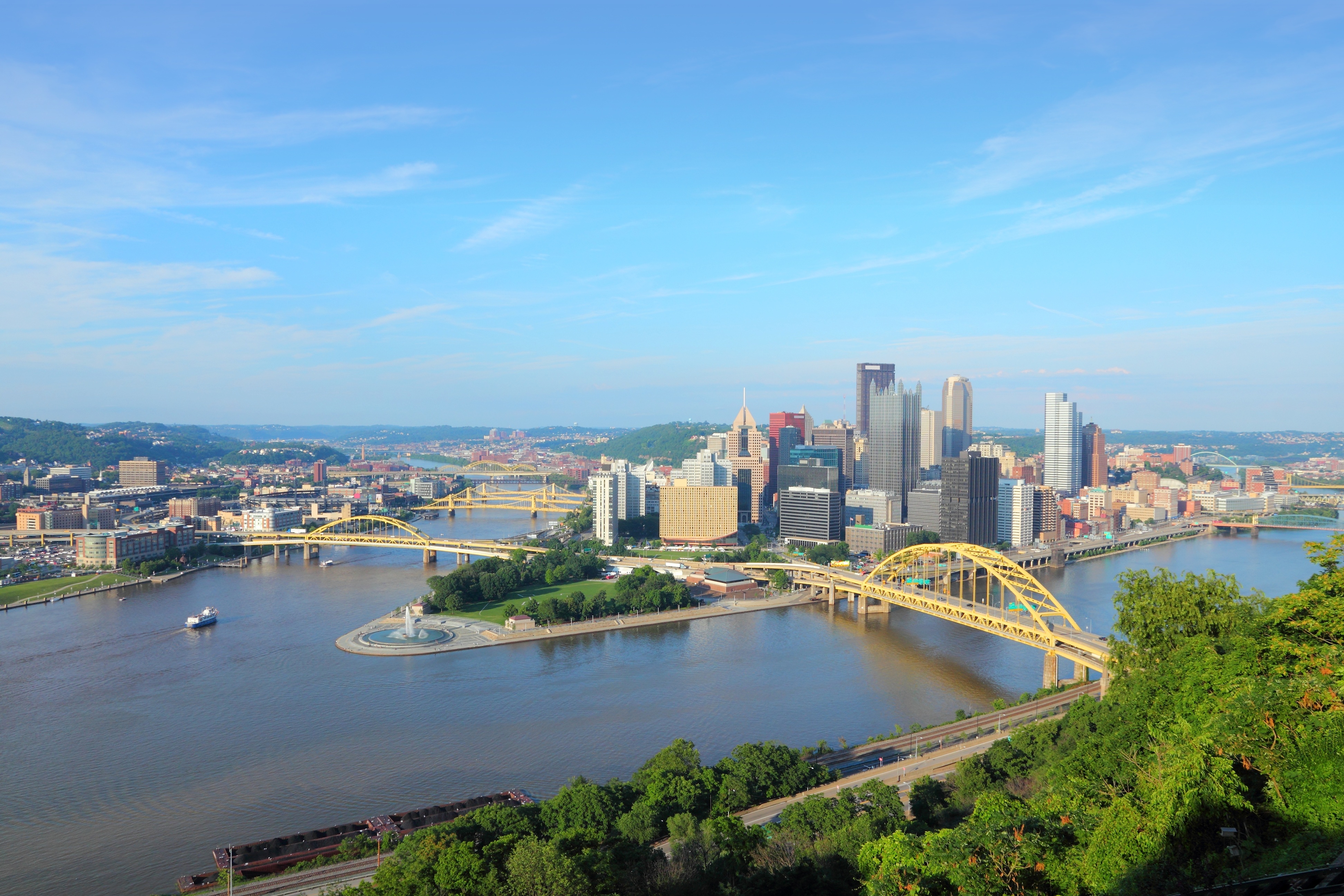 Bridge and city in the distance with a river and greenery