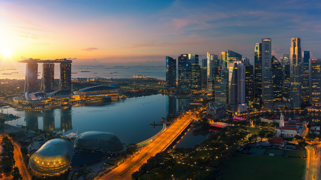 Singapore skyline at sunrise.