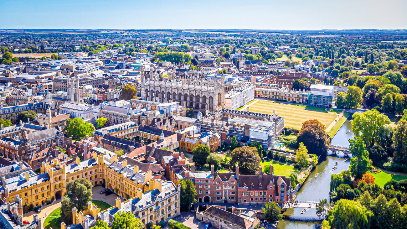 View of Cambridge skyline, including King's College Chapel.