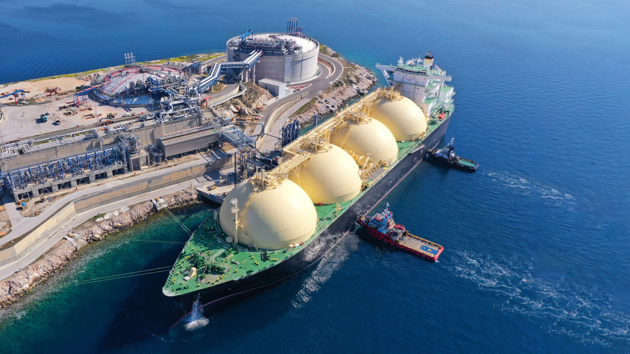 Drone shot of liquefied natural gas tanker at anchor.