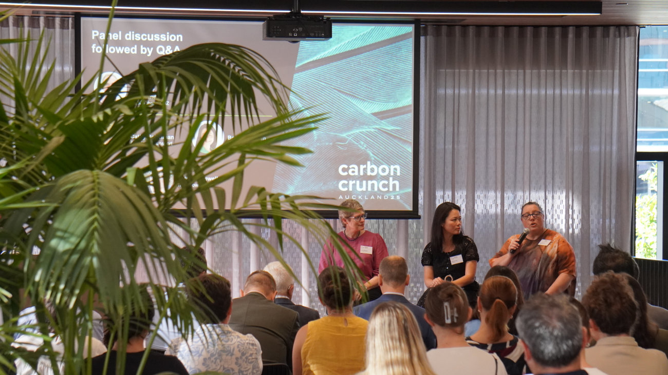 Speakers on stage at Carbon Crunch Auckland 2025.