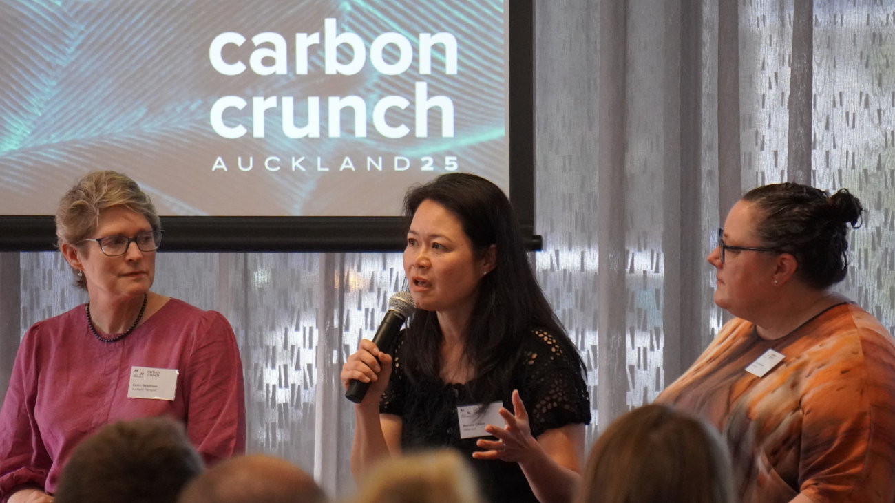 Speakers on stage at Carbon Crunch Auckland 2025.