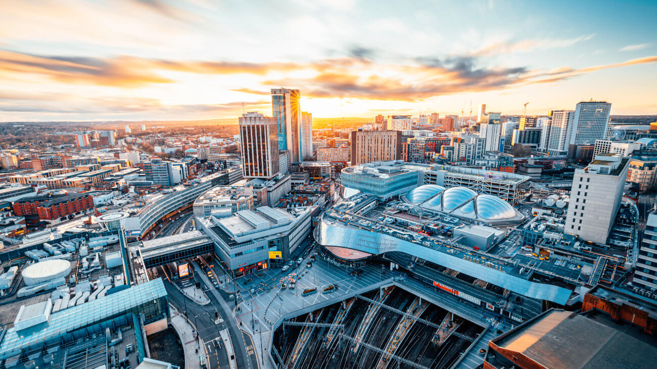 Birmingham skyline at sunset.