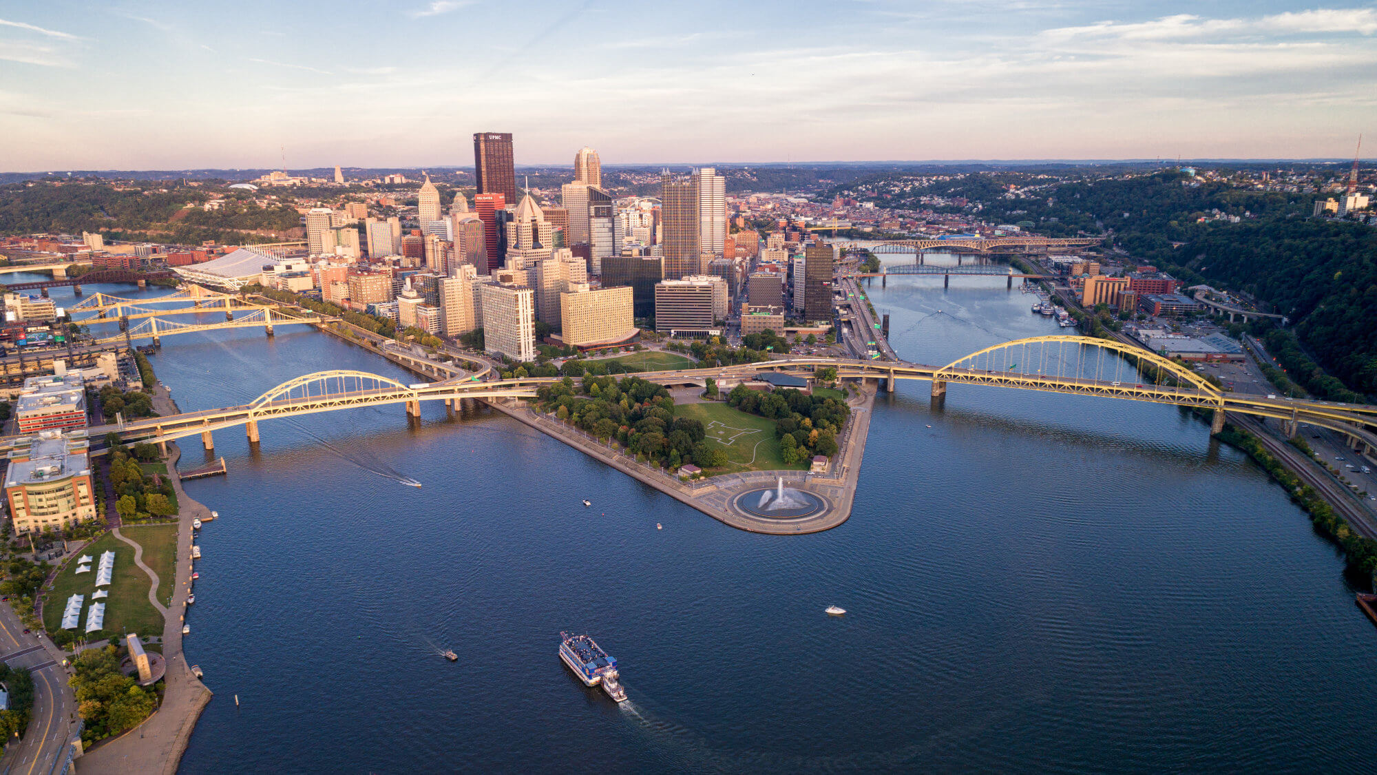 Aerial view of Pittsburgh cityscape. Allegheny and Monongahela rivers meeting to become Ohio river.