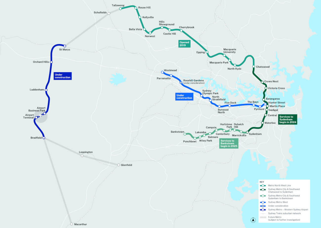 A map of Sydney Metro City stations.