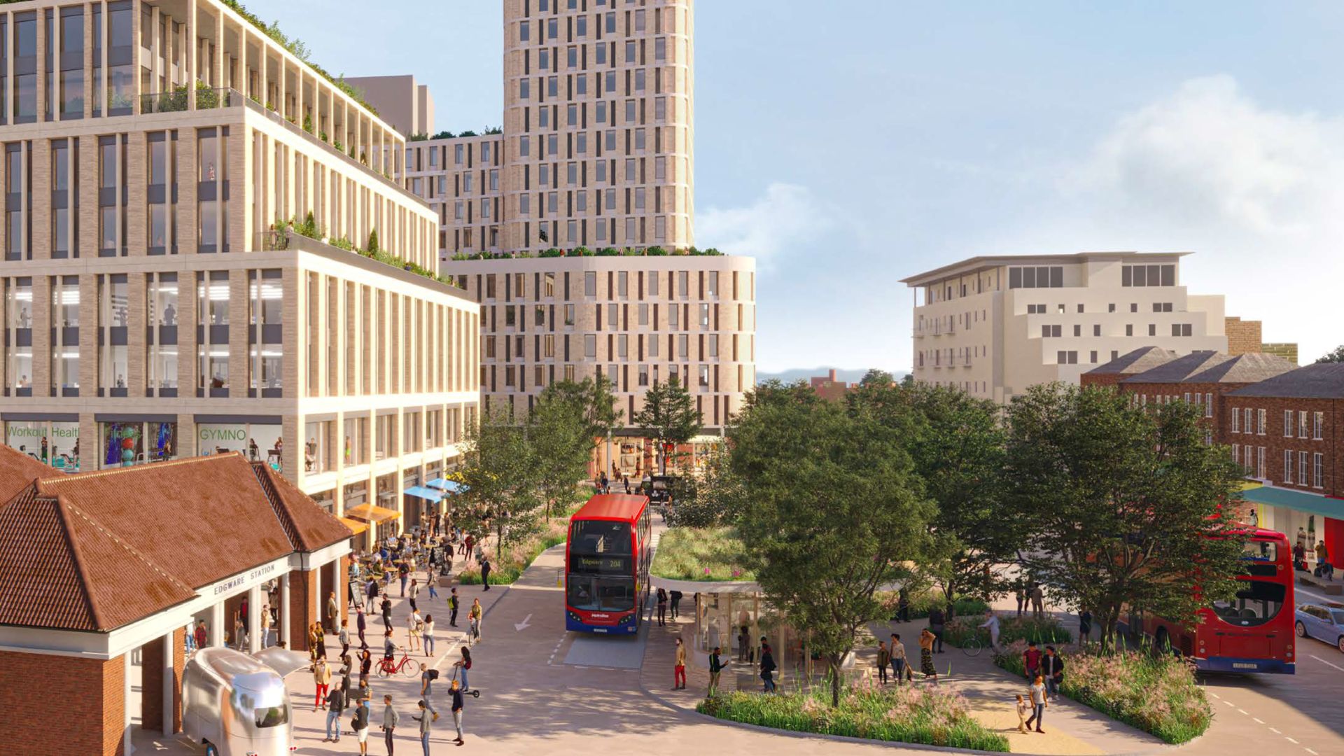 View of a regenerated Edgware town centre with modern residential buildings, active public realm and improved transport infrastructure.