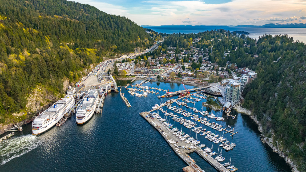 Aerial shot of boats in Horseshoe Bay, BC.