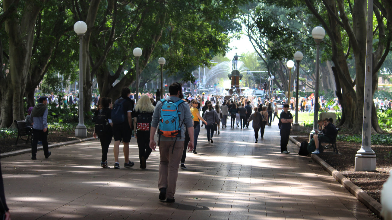 Crowds of people walking through a park.