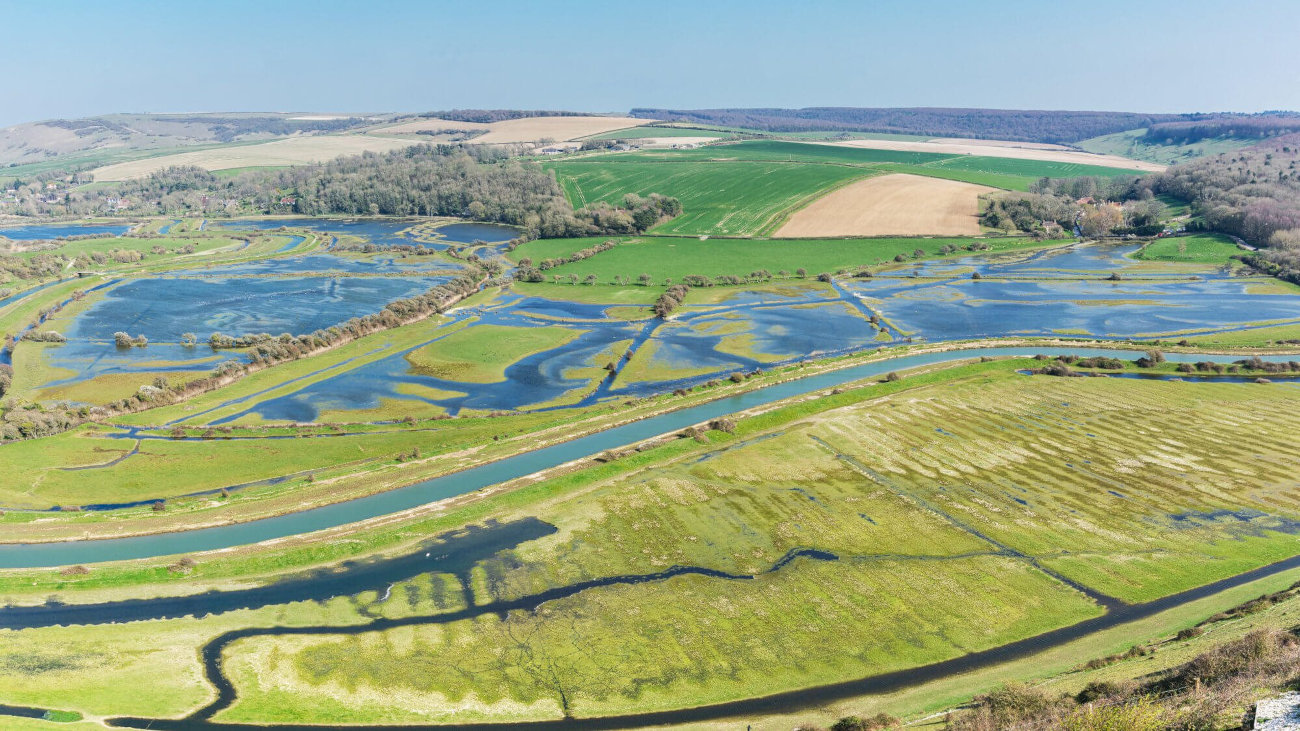 Aerial view of flooded fields.