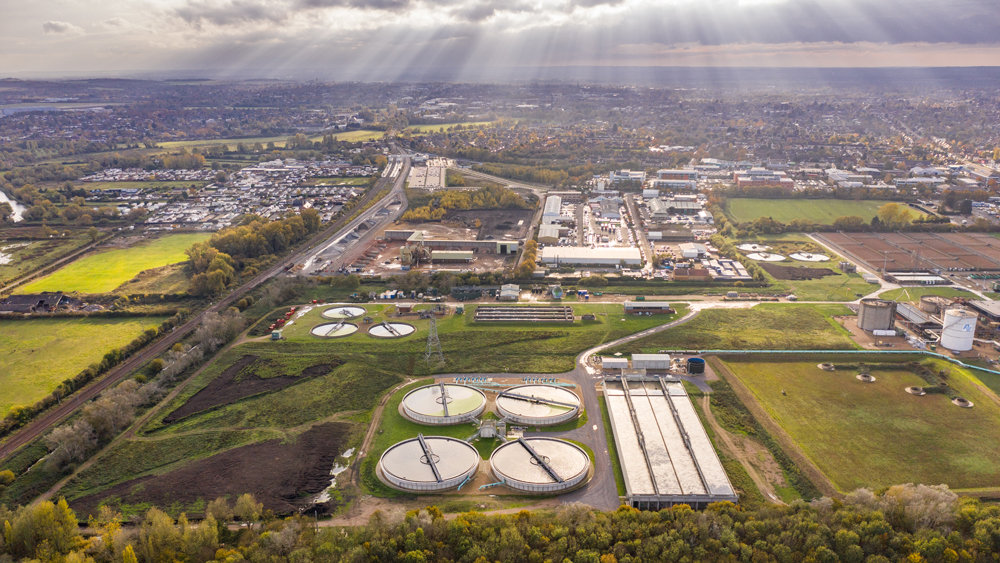 Aerial shot of water treatment infrastructure.