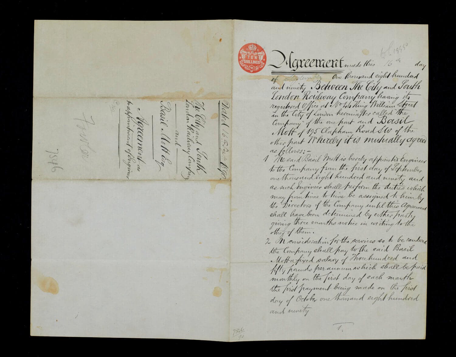 Original agreement between the City & South London Railway Company and Basil Mott, 1890.